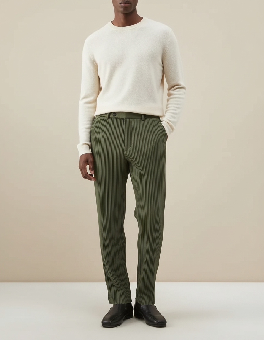 Pantalon À Pince Plissé Vert Kaki Droit Décontracté Homme - Polyester
