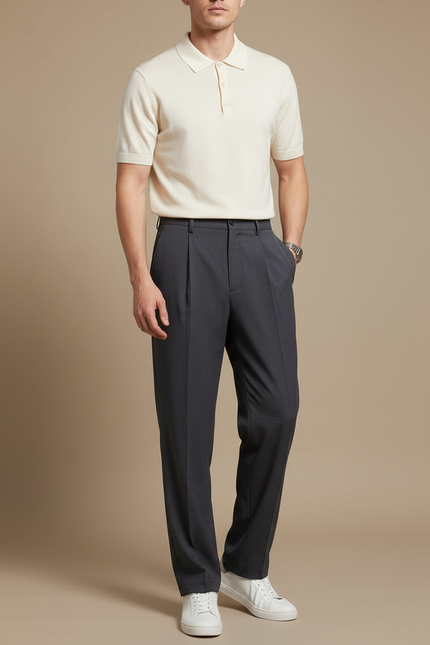 Pantalon À Pince Gris Anthracite Plissé Droit Élégant Homme - Gabardine