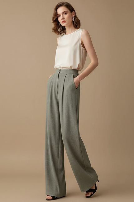 Pantalon À Pince Vert Kaki Fluide Plissé Décontracté Femme - Viscose