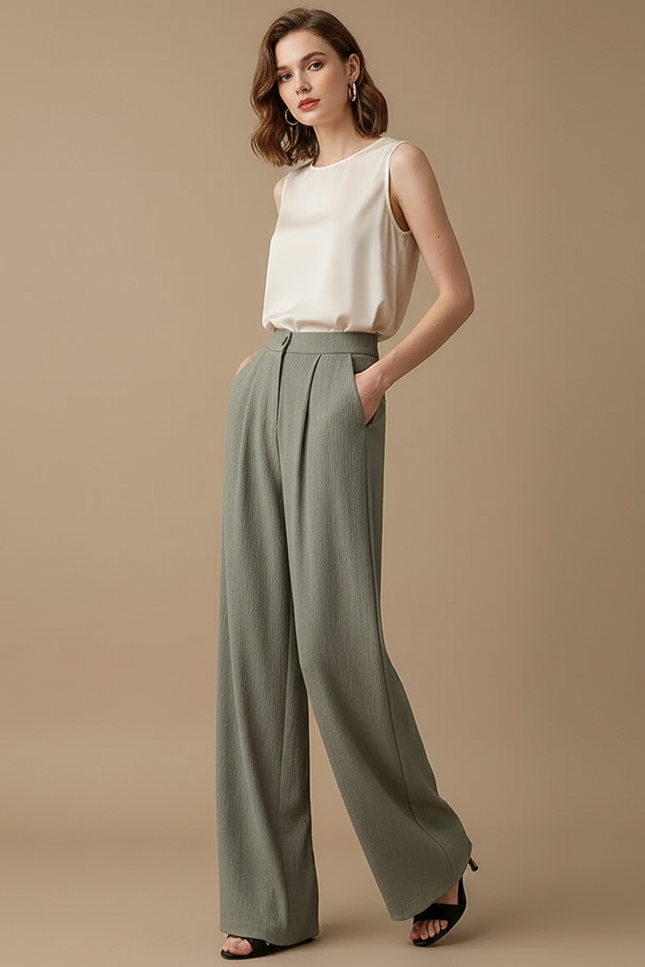 Pantalon À Pince Vert Kaki Fluide Plissé Décontracté Femme - Viscose