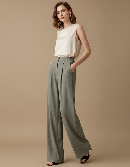 Pantalon À Pince Vert Kaki Fluide Plissé Décontracté Femme - Viscose