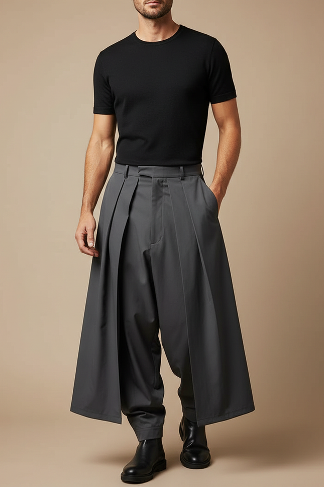 Pantalon À Pince Gris Plissé Ample Décontracté Homme - Polyester