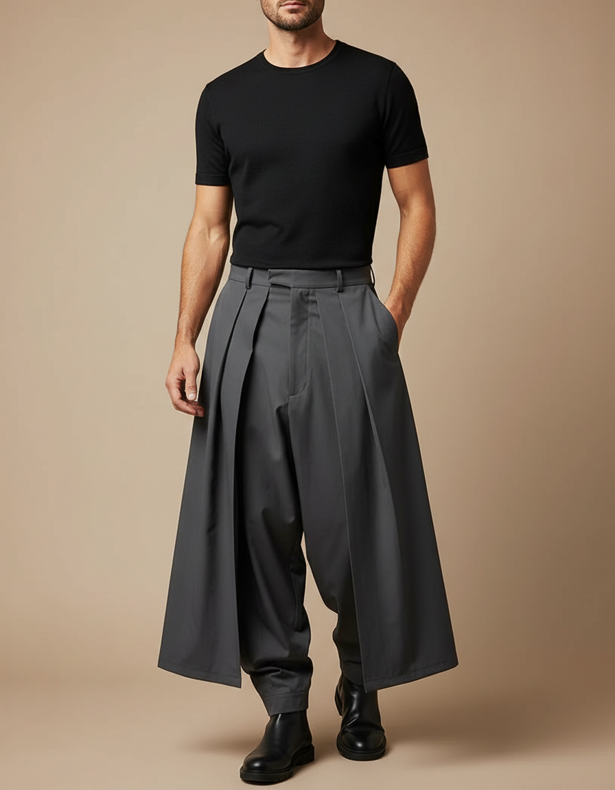 Pantalon À Pince Gris Plissé Ample Décontracté Homme - Polyester