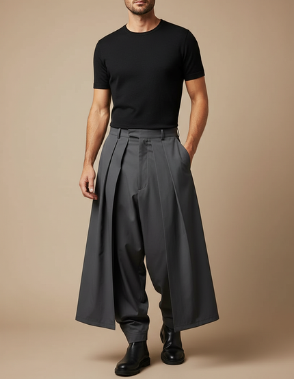 Pantalon À Pince Gris Plissé Ample Décontracté Homme - Polyester