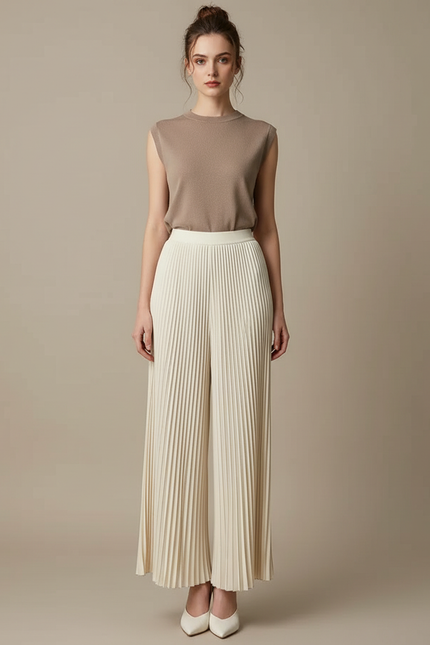 Pantalon À Pince Plissé Ample Crème Élégant Fluide - Beige Polyester