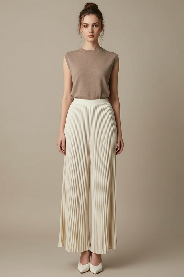 Pantalon À Pince Plissé Ample Crème Élégant Fluide - Beige Polyester