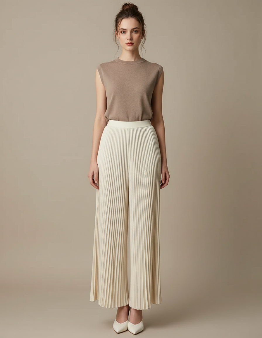 Pantalon À Pince Plissé Ample Crème Élégant Fluide - Beige Polyester