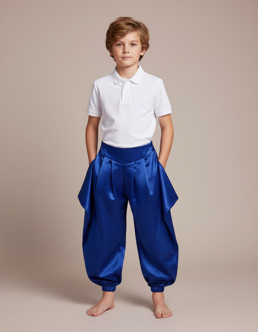 Pantalon À Pince Bleu Royal Satiné Ample Enfant