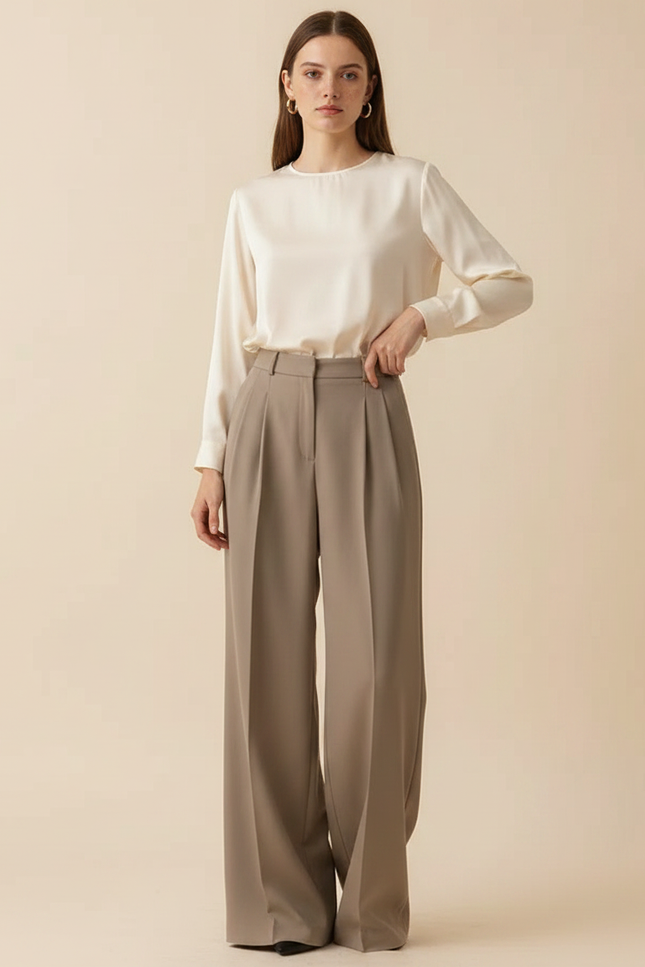 Pantalon À Pince Plissé Beige Taille Haute Ample Élégant - Gabardine