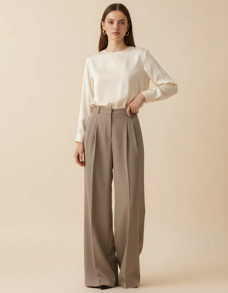 Pantalon À Pince Plissé Beige Taille Haute Ample Élégant - Gabardine