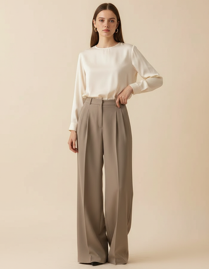 Pantalon À Pince Plissé Beige Taille Haute Ample Élégant - Gabardine