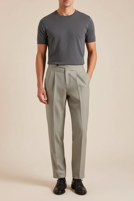 Pantalon À Pince Gris Clair Plissé Droit Élégant Homme - Gabardine