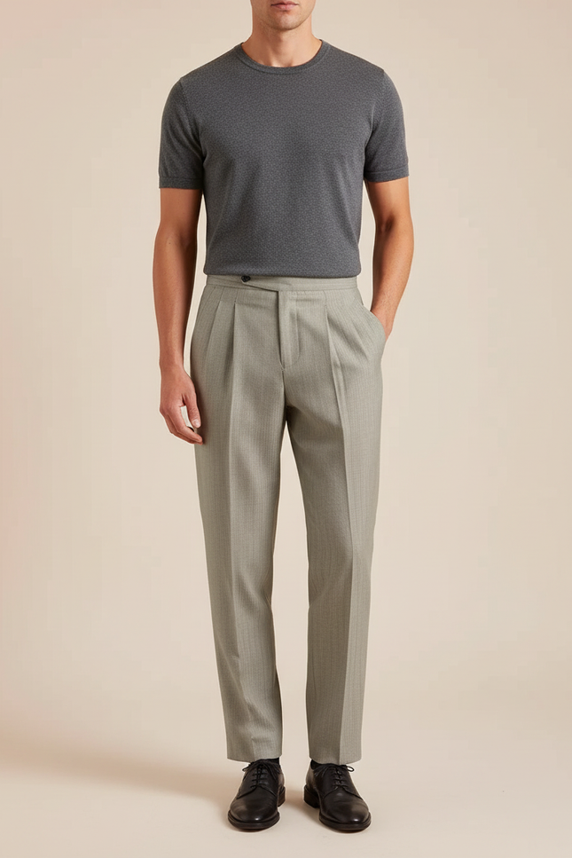 Pantalon À Pince Gris Clair Plissé Droit Élégant Homme - Gabardine
