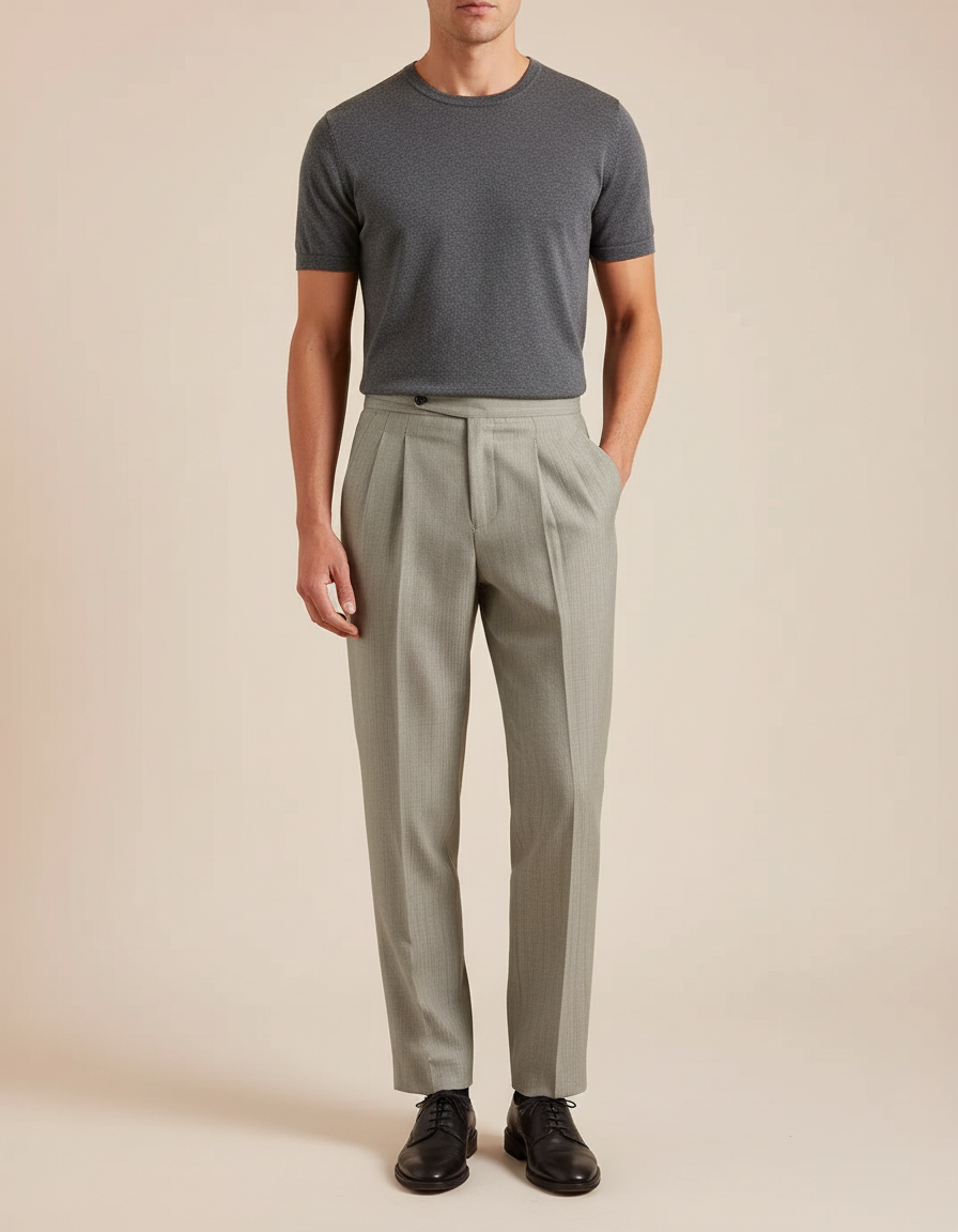Pantalon À Pince Gris Clair Plissé Droit Élégant Homme - Gabardine