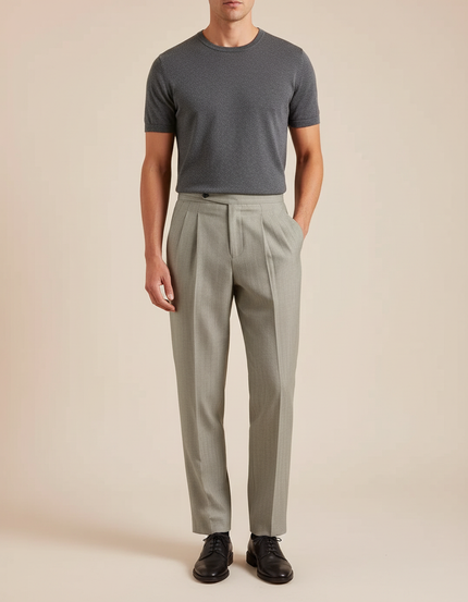 Pantalon À Pince Gris Clair Plissé Droit Élégant Homme - Gabardine