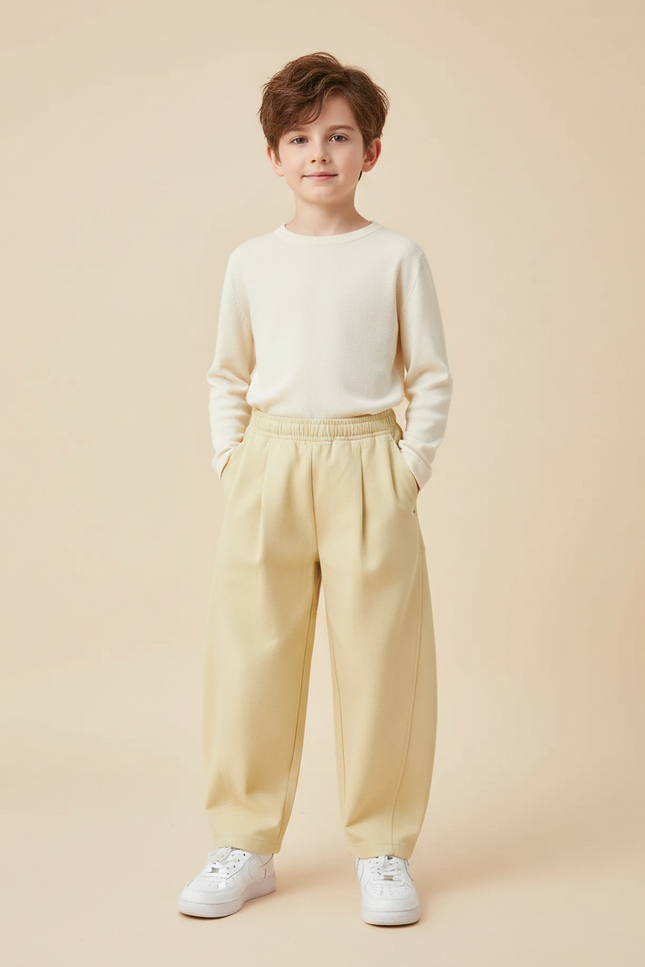 Pantalon À Pince Jaune Plissé Ample Enfant Décontracté - Gabardine