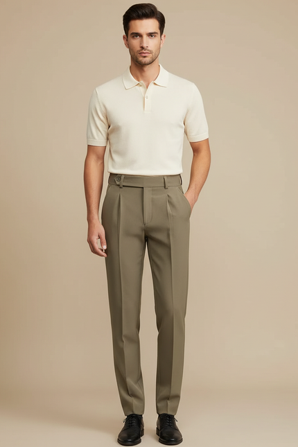 Pantalon À Pince Kaki Plissé Droit Élégant Homme - Gabardine