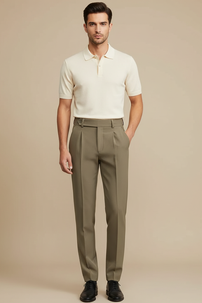 Pantalon À Pince Kaki Plissé Droit Élégant Homme - Gabardine