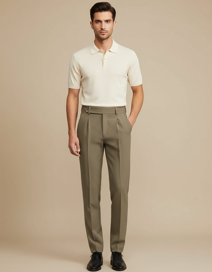Pantalon À Pince Kaki Plissé Droit Élégant Homme - Gabardine