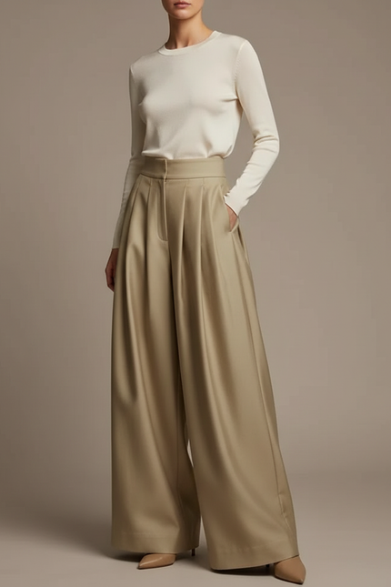 Pantalon À Pince Beige Satiné Ample Plissé Élégant