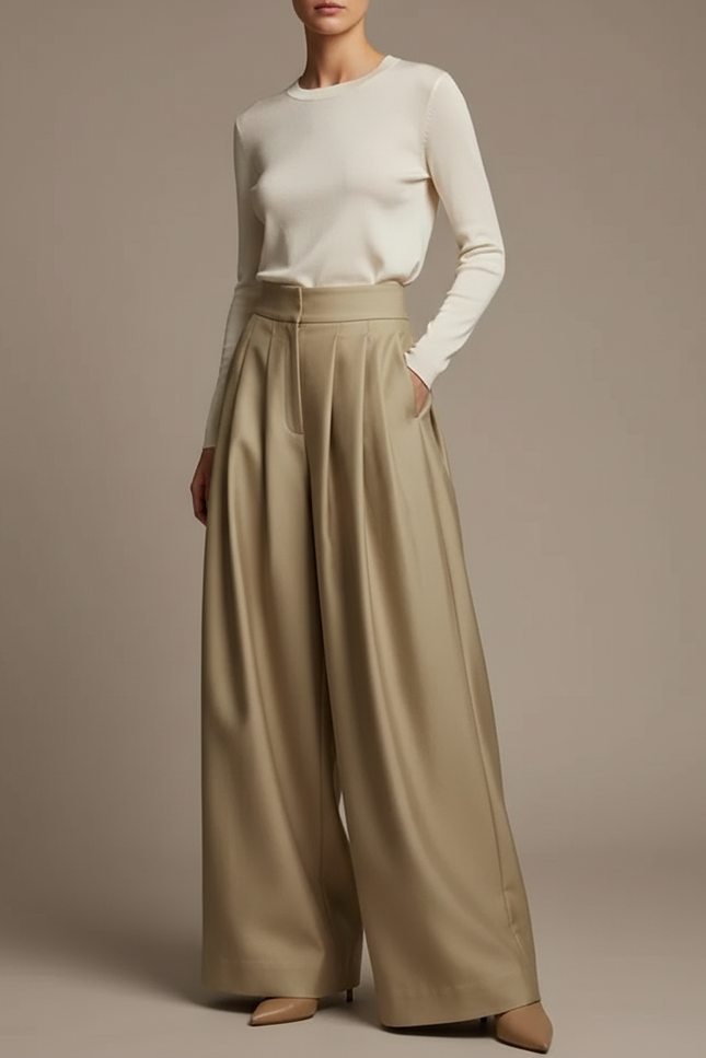 Pantalon À Pince Beige Satiné Ample Plissé Élégant