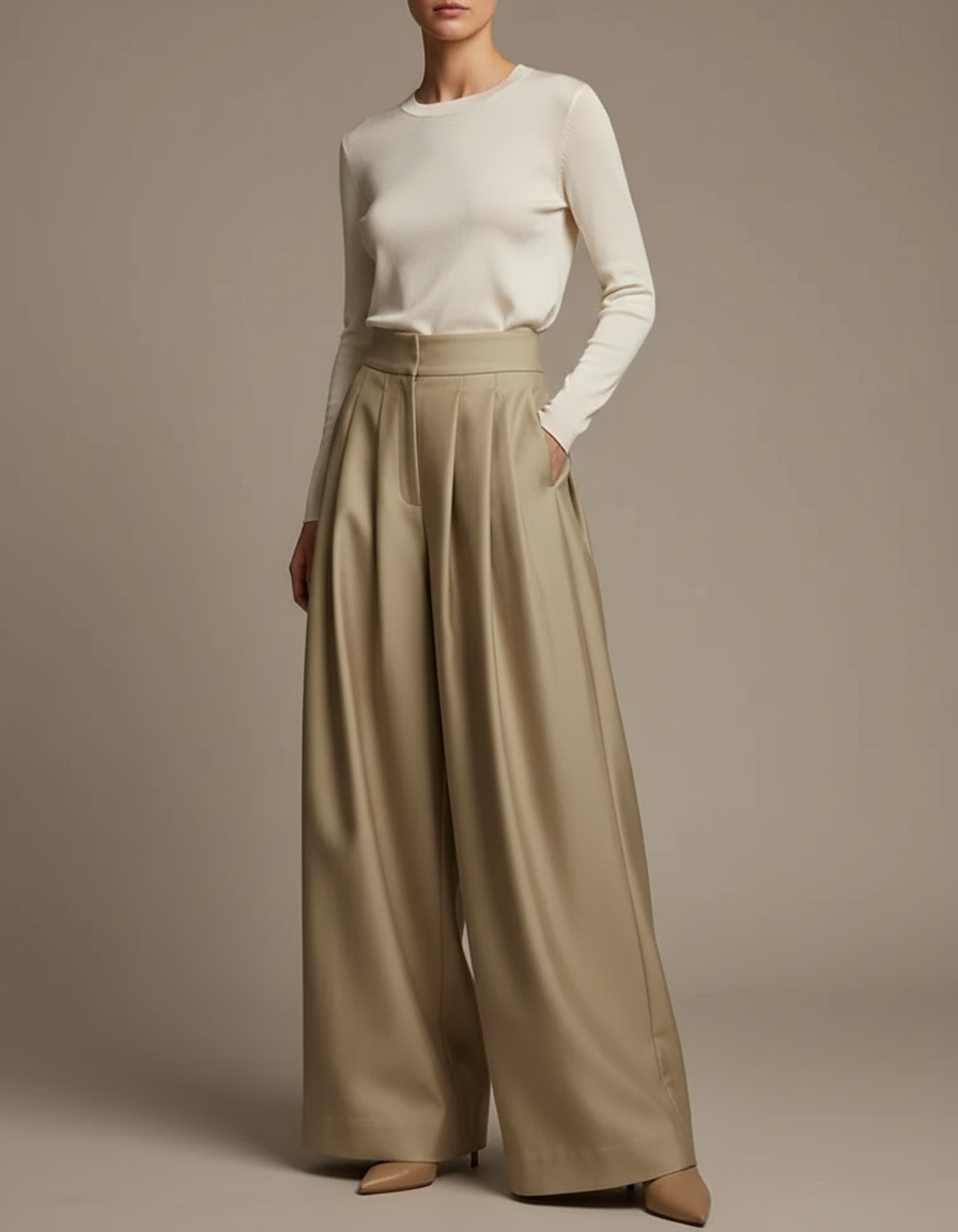 Pantalon À Pince Beige Satiné Ample Plissé Élégant
