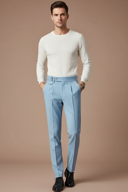 Pantalon À Pince Bleu Ciel Plissé Droit Élégant Homme - Polyester