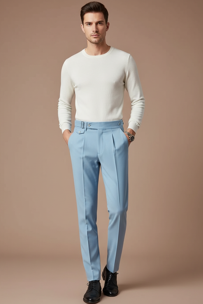 Pantalon À Pince Bleu Ciel Plissé Droit Élégant Homme - Polyester