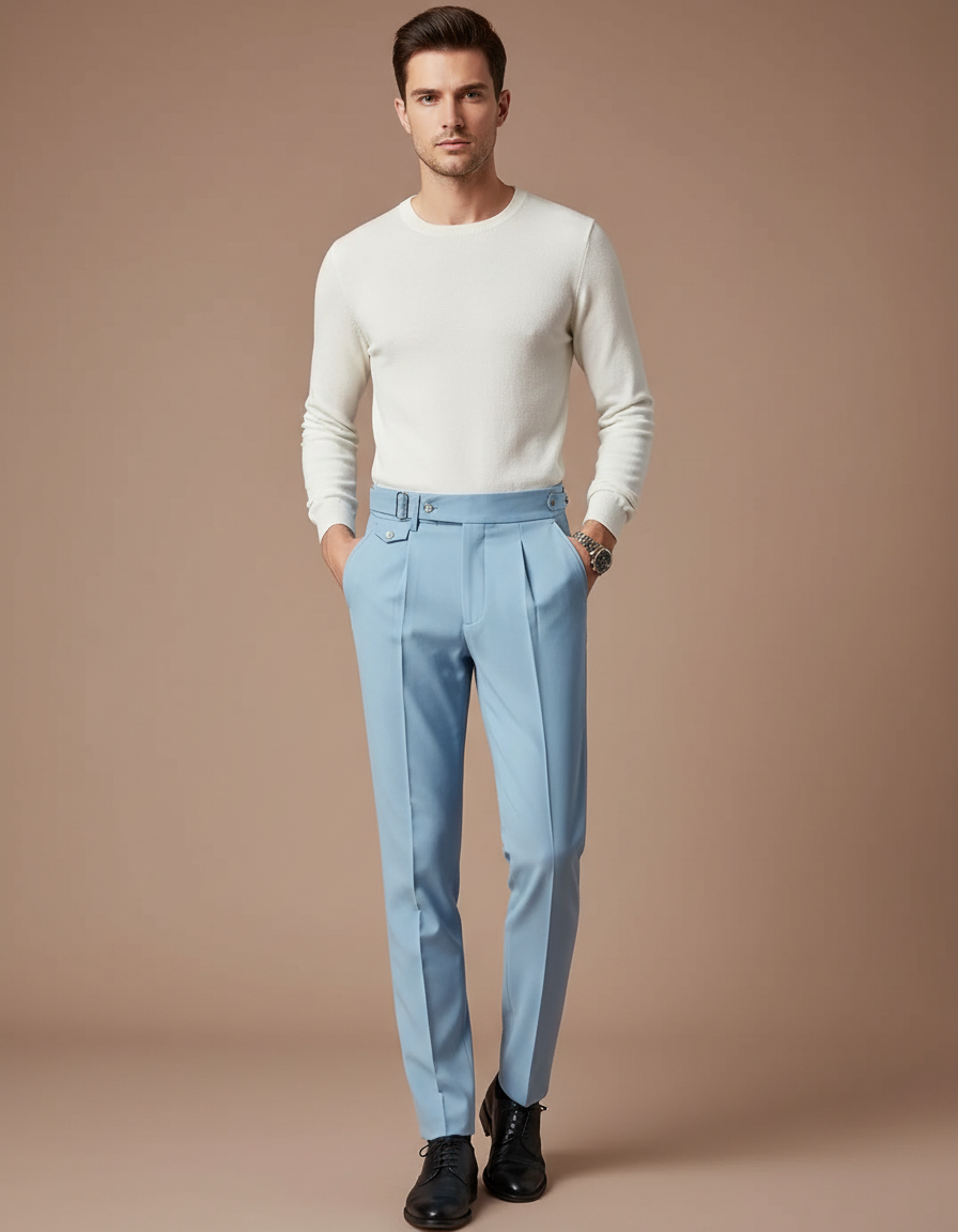 Pantalon À Pince Bleu Ciel Plissé Droit Élégant Homme - Polyester