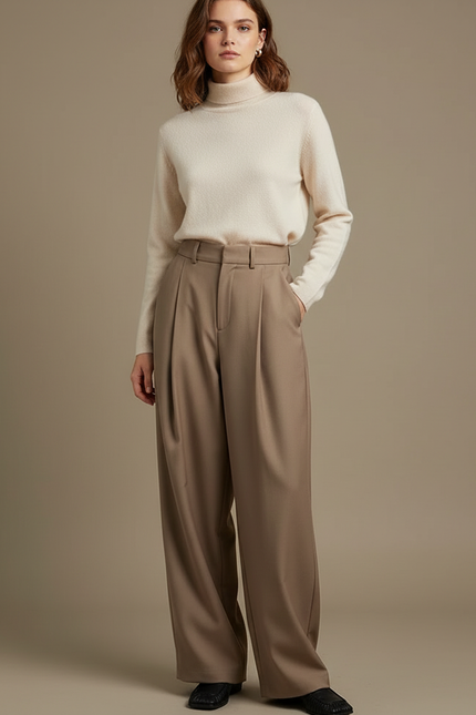 Pantalon À Pince Beige Taille Haute Large Plissé - Laine