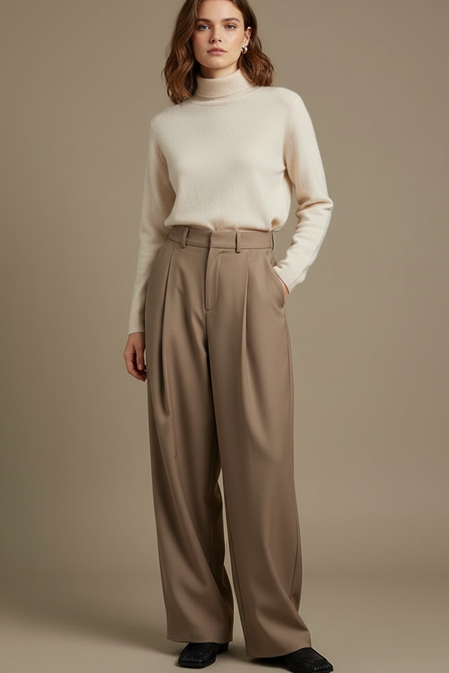 Pantalon À Pince Beige Taille Haute Large Plissé - Laine