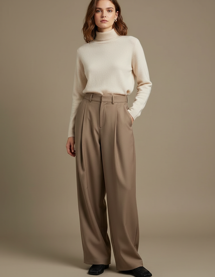 Pantalon À Pince Beige Taille Haute Large Plissé - Laine