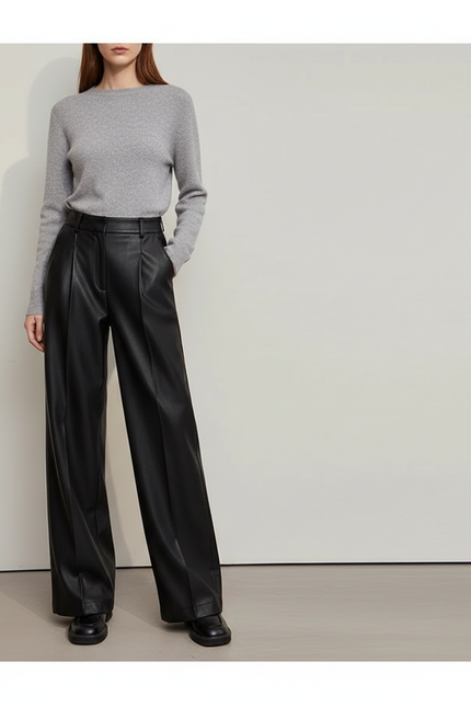 Pantalon À Pince Noir Similicuir Ample Large Élégant Femme - Simili cuir