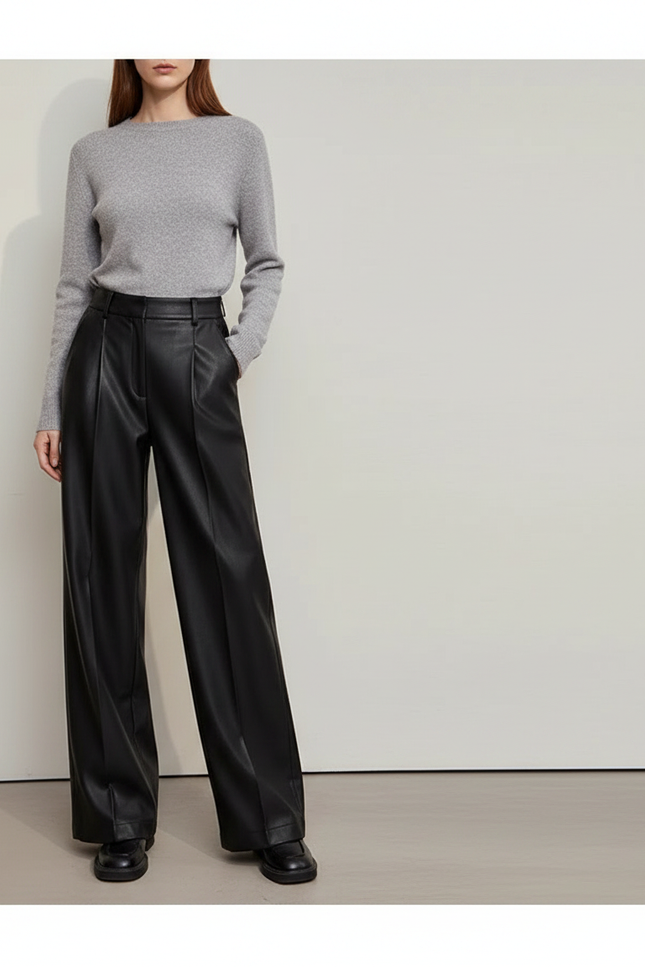 Pantalon À Pince Noir Similicuir Ample Large Élégant Femme - Simili cuir
