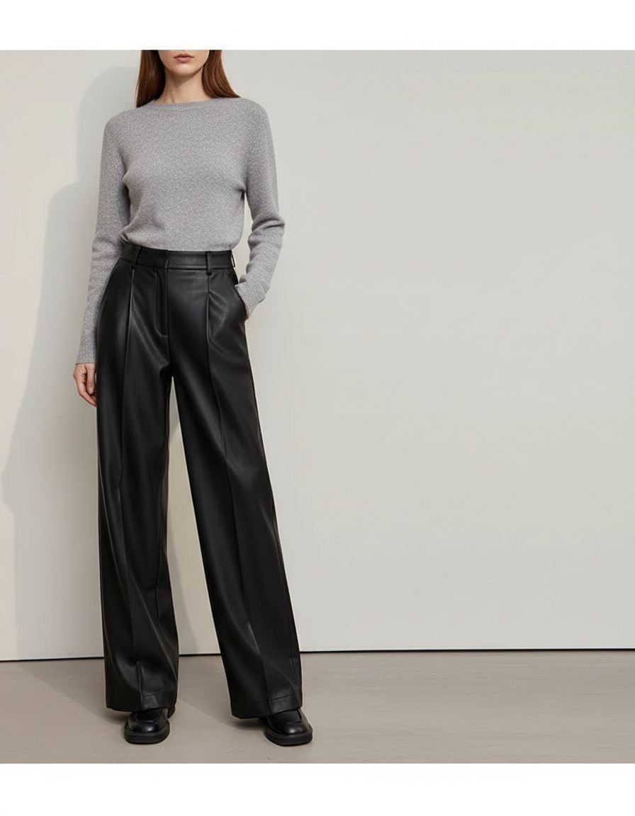 Pantalon À Pince Noir Similicuir Ample Large Élégant Femme - Simili cuir