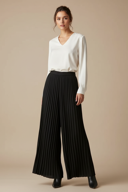 Pantalon À Pince Noir Plissé Ample Élégant Femme - Polyester