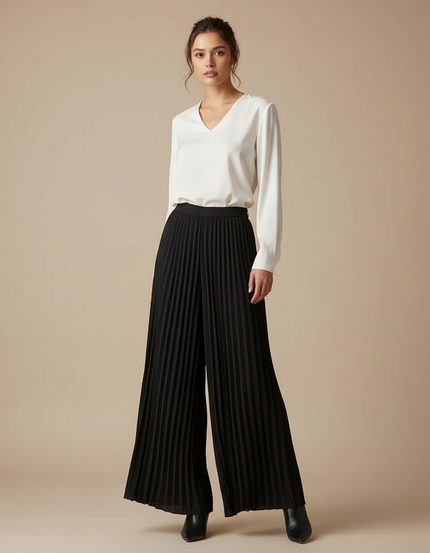 Pantalon À Pince Noir Plissé Ample Élégant Femme - Polyester