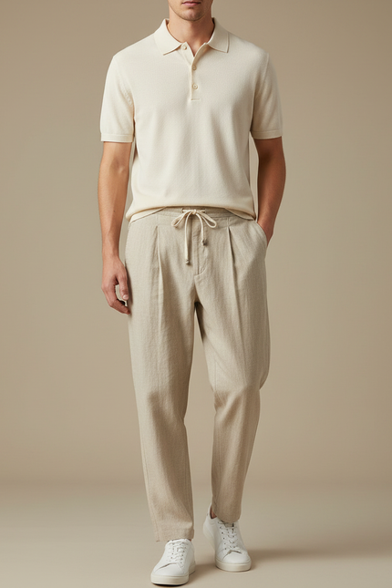 Pantalon À Pince Beige Lin Plissé Décontracté Homme