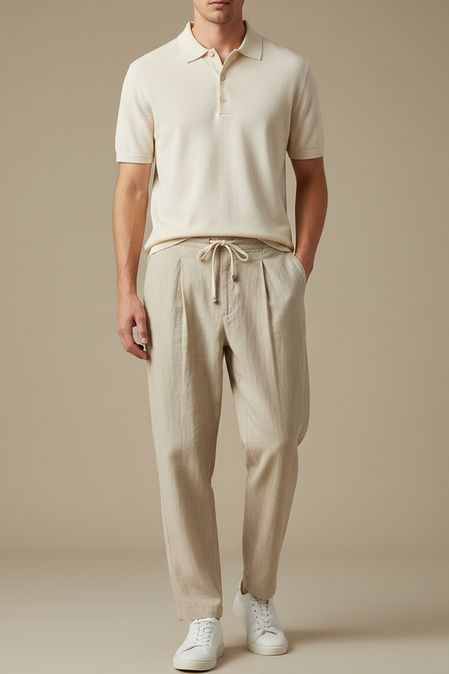 Pantalon À Pince Beige Lin Plissé Décontracté Homme