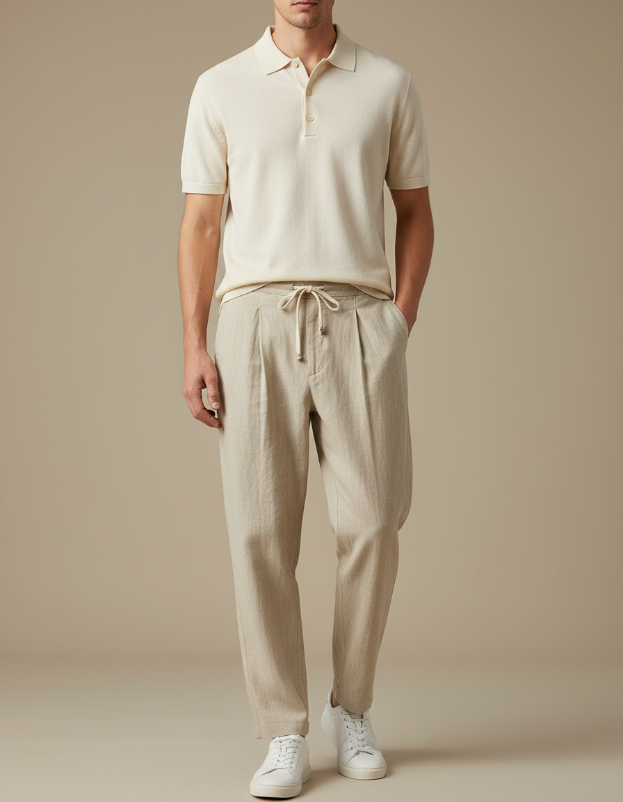 Pantalon À Pince Beige Lin Plissé Décontracté Homme