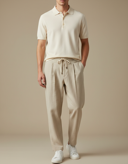 Pantalon À Pince Beige Lin Plissé Décontracté Homme