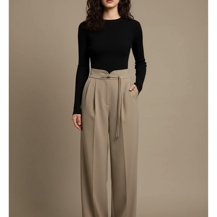 Pantalon À Pince Beige Ample Fluide Décontracté Élégant - Polyester