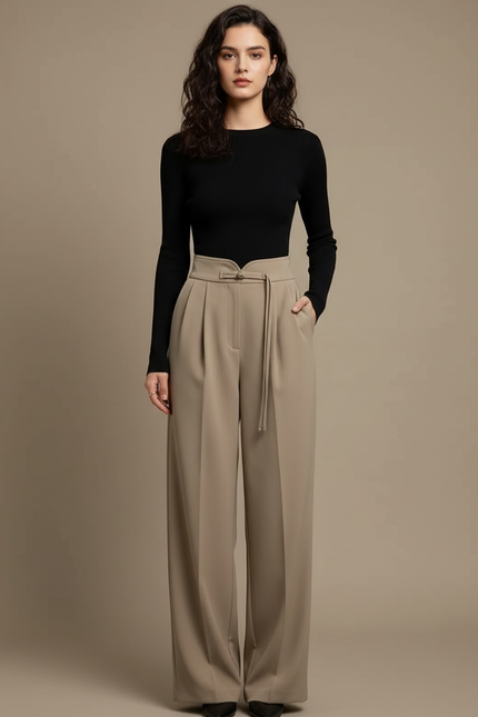 Pantalon À Pince Beige Ample Fluide Décontracté Élégant - Polyester