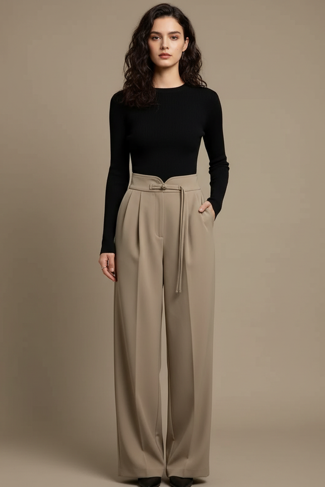 Pantalon À Pince Beige Ample Fluide Décontracté Élégant - Polyester