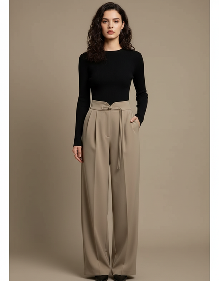 Pantalon À Pince Beige Ample Fluide Décontracté Élégant - Polyester