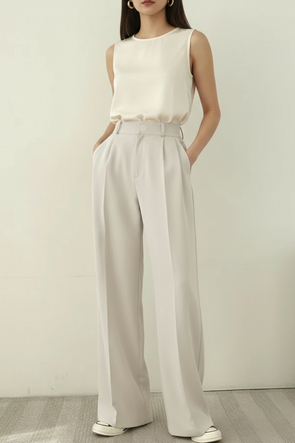 Pantalon À Pince Beige Ample Plissé Taille Haute Élégant - Polyester