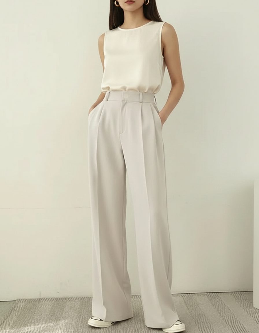 Pantalon À Pince Beige Ample Plissé Taille Haute Élégant - Polyester
