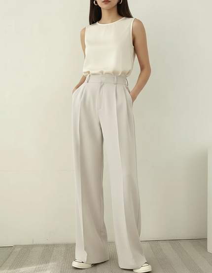 Pantalon À Pince Beige Ample Plissé Taille Haute Élégant - Polyester
