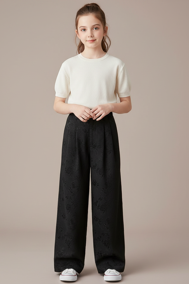 Pantalon À Pince Noir Brodé Ample Plissé Élégant - Polyester