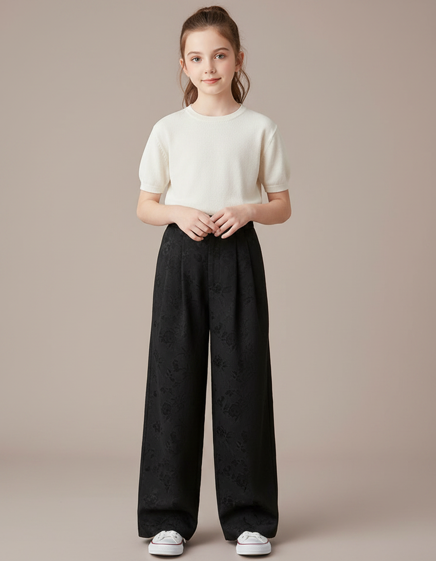 Pantalon À Pince Noir Brodé Ample Plissé Élégant - Polyester